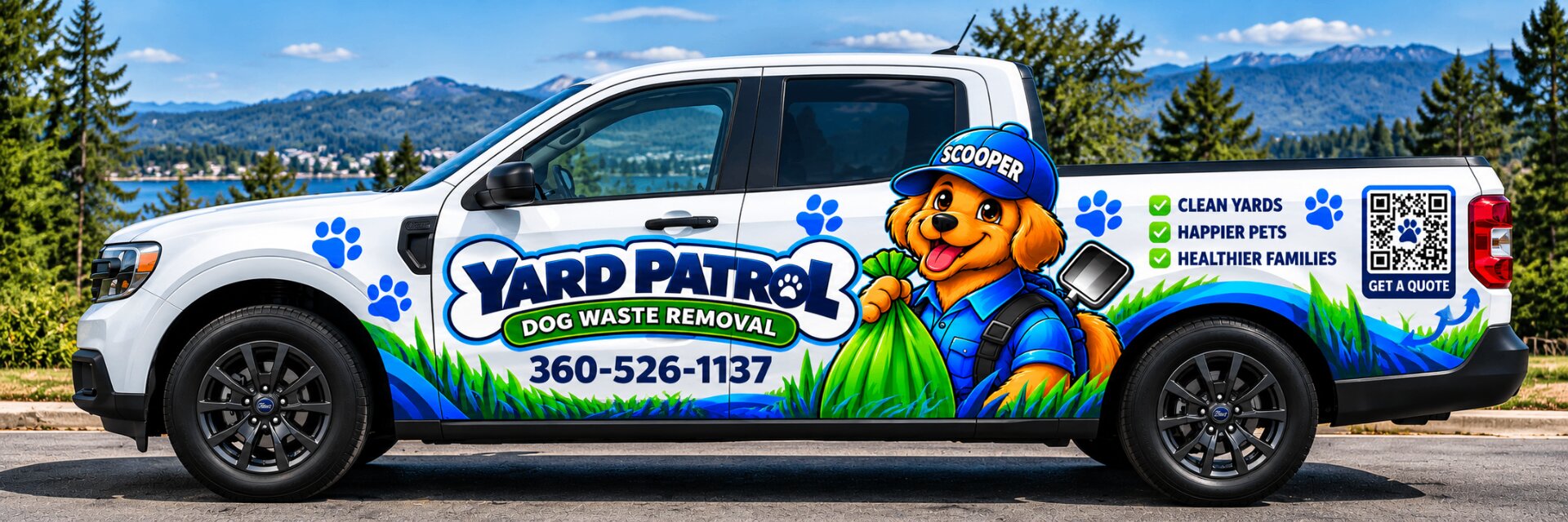 Yard Patrol branded white Ford Maverick pickup featuring Scooper the mascot